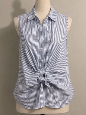 Nine West Coastal Blue & White Striped Sleeveless Tie-Front Blouse